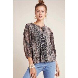 Anthropologie Maeve Metallic Blouse Balloon Sheer Sleeves